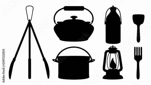 Set of camping equipment silhouettes including a kettle, pot, lantern, tongs, spatula, and fork