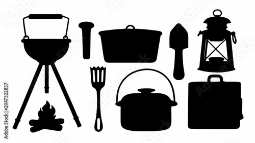 Set of camping equipment silhouettes, including a campfire, cooking pot, lantern, and utensils