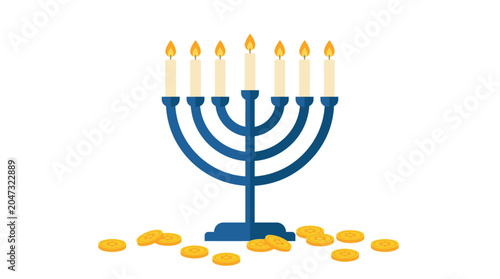 Obraz na plátně Blue Menorah with Lit Candles and Coins.