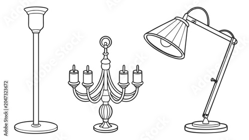 Decorative lighting fixtures line art icons set with lighting, chandelier
