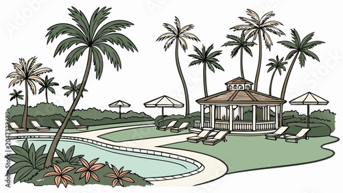 Tropical resort swimming pool area with gazebo and palm trees, swimming