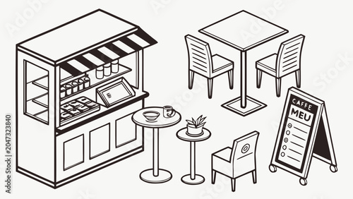 Outdoor cafe stall with seating and menu board isometric illustration
