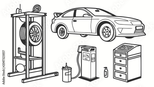Automotive tire shop service equipment and sports car with automotive, mechanic