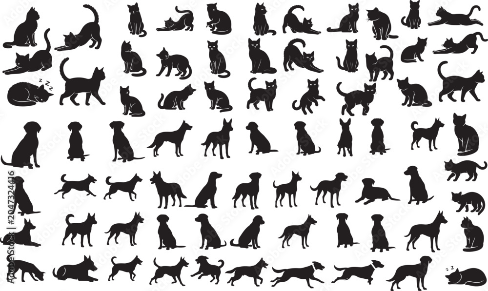 Obraz premium Cats and dogs silhouettes, pet animal vector set, sitting running playing poses, and black silhouette collection.