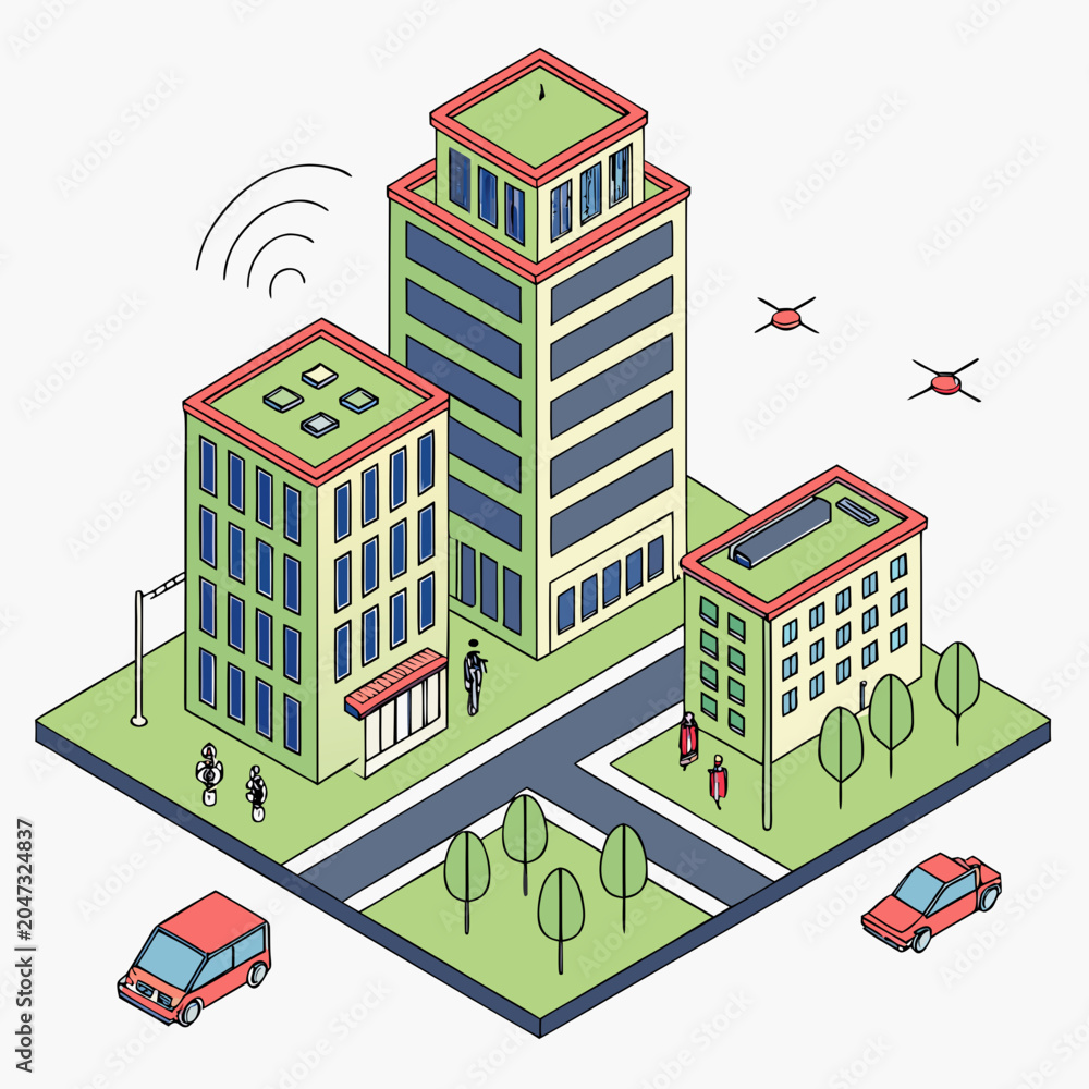 Naklejka premium Isometric urban city scene with buildings and autonomous drones, isometric