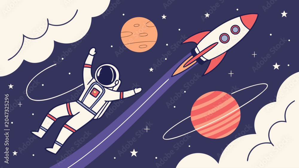 Fototapeta premium Astronaut floating in space with rocket ship and planets flat vector, astronaut