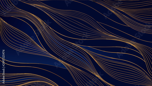 Golden wave pattern against a dark blue background a repeating abstract design for textiles or surface decoration aquatic