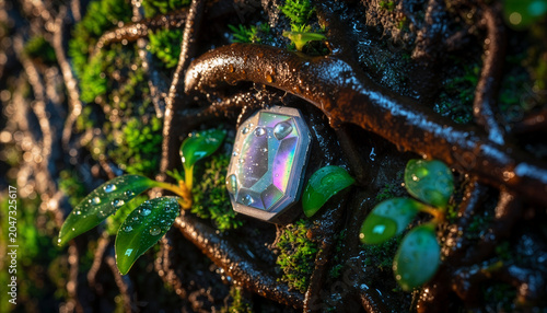 Macro of an elongated gemstone in a moist moss ecosystem
