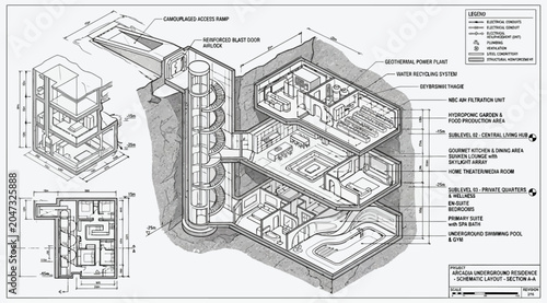 Schilderij op canvas Architectural crosssection drawing of a multilevel underground bunker or surviva