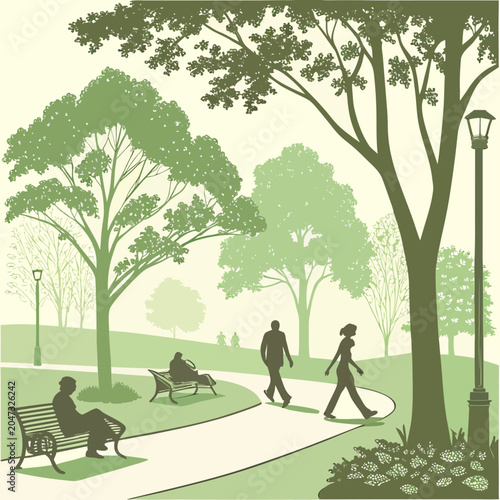 Silhouette view of people walking and relaxing in a green park with silhouette