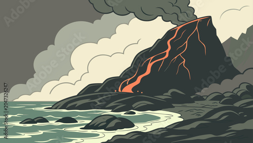 Volcanic eruption with lava flow near ocean coast eruption mountain landscape