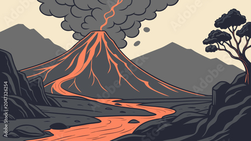Volcano landscape with lava river and trees landscape mountain erupting