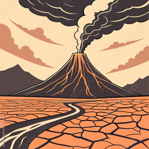 Volcanic eruption over cracked dry desert ground with erupting, landscape