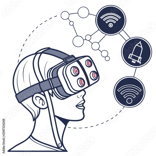 Virtual reality headset user with tech connection icons technology connection