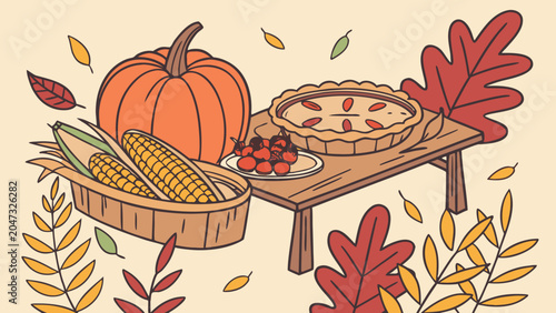 Autumn thanksgiving holiday scene illustration with pumpkin pie and corn