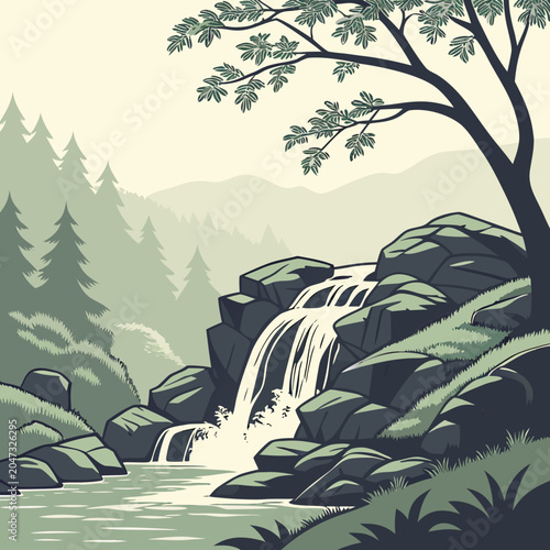 Mountain waterfall landscape in muted earth tones graphic illustration