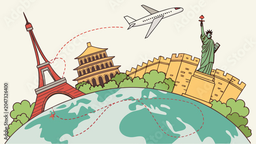 Travel and tourism concept with famous global landmarks, airplane