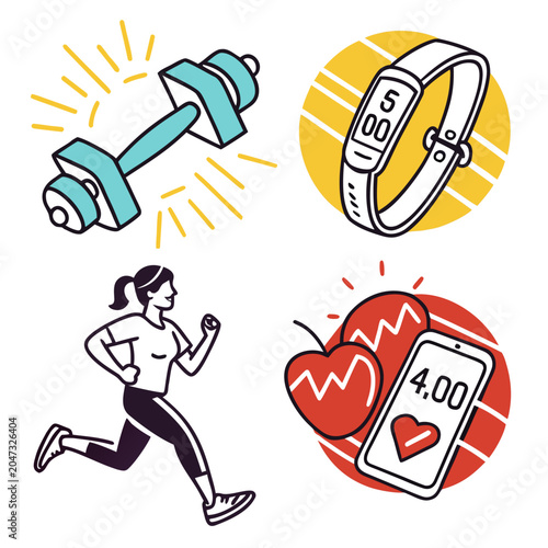 Fitness and health tracking exercise icons and running woman with exercise