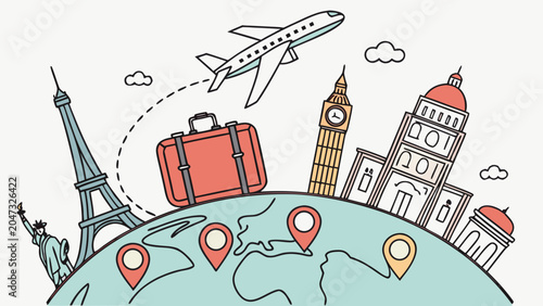 Travel concept with airplane suitcase and world landmarks suitcase airplane