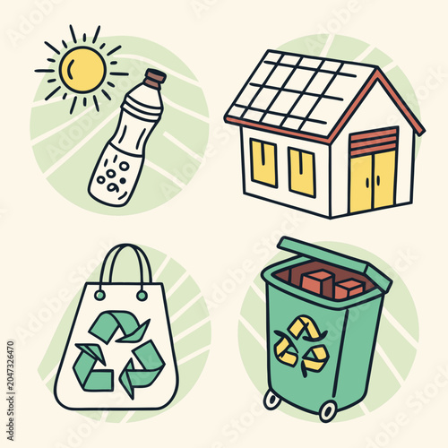 Eco friendly living and recycling icon set with recycling, sustainability