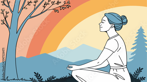 Woman meditating outdoors under a rainbow illustration with meditation, wellness