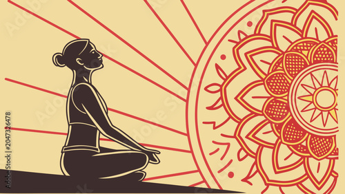 Woman meditating next to a large decorative sun mandala illustration