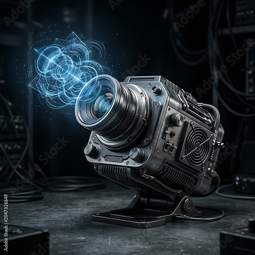 Futuristic Camera with Abstract Blue Light Emanating from Lens