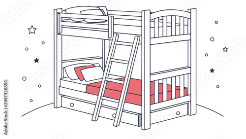 Children's bunk bed line art illustration with stars furniture children