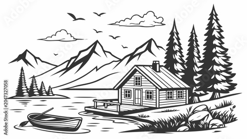 Mountain lake cabin landscape vector illustration with mountain, landscape
