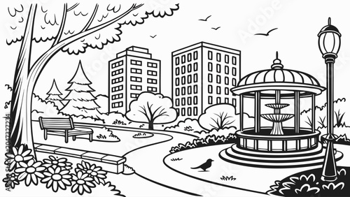 City park landscape with fountain and urban buildings fountain landscape
