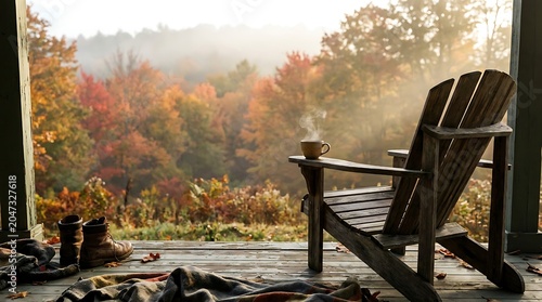 Empty wooden chair on porch overlooking autumn forest with morning mist and tea cup