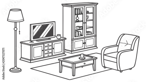 Fotografie Living room furniture set outline illustration with furniture, television