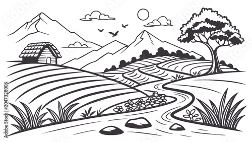 Mountainous landscape with house and river line art mountain landscape