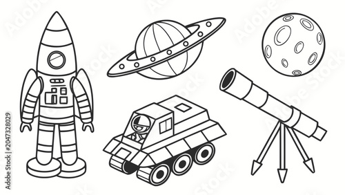 Space exploration theme icons with rocket moon planet rover and telescope