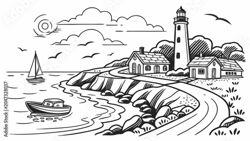 Coastal lighthouse scene with boat and sailboat on secluded beach, lighthouse