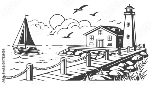 Coastal harbor scene with sailing boat and lighthouse line art, lighthouse