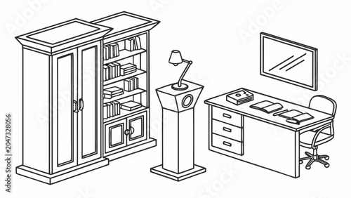 Isometric home office workspace furniture setup line art illustration