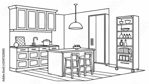 Modern kitchen interior layout with cooking island line art interior furniture