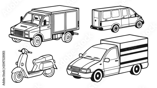 Set of various delivery vehicles and scooter line art with delivery, logistics