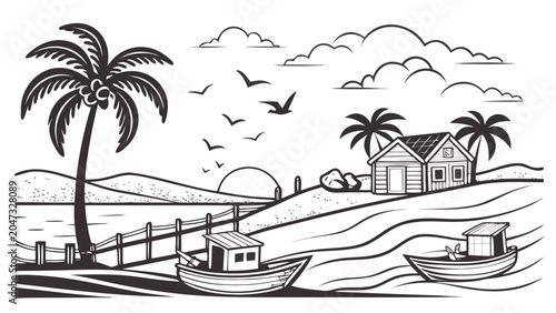 Tropical beach sunset landscape with palm trees and fishing boats, tropical