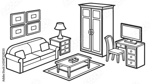 Modern living room interior furniture setup line art graphic illustration