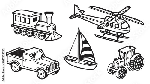 Set of various transport vehicle toys line art collection with transport