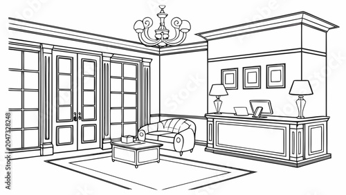 Modern office reception area interior line art drawing with reception, interior