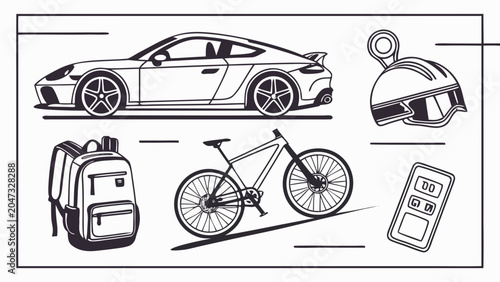 Collection of travel and sports gear line art icons with equipment, backpack