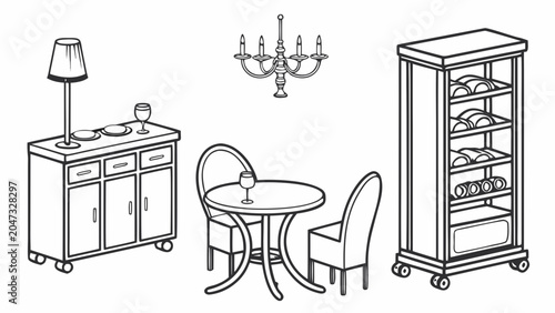 Black and white line art set of restaurant interior furniture and wine storage