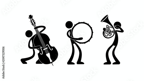 Orchestral Trio: A minimalist illustration depicting three stick figures playing musical instruments: a double bass player, a drummer with a snare drum, and a French horn player.