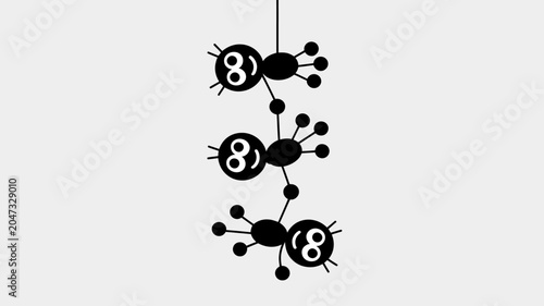 Spooky Spider Lineup: Three stylized, cartoon spiders dangle in a line from a silken thread, their round bodies and multiple legs creating a playful yet slightly eerie Halloween decoration.