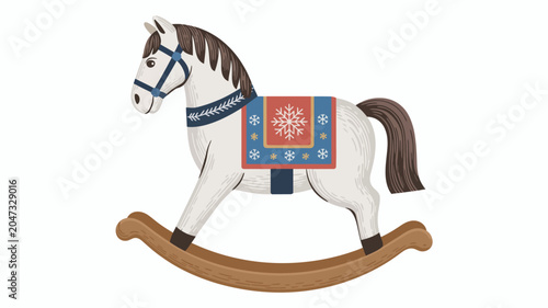 Wooden Rocking Horse Toy: A charming white wooden rocking horse adorned with festive blue and red blanket, featuring a snowflake pattern, perfect for playtime and holiday decor.