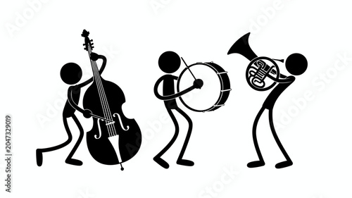 Stick Figure Orchestra: A minimalist depiction of a stick figure band, featuring a double bass, a bass drum, and a French horn, illustrating the essence of music and performance.