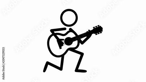 Guitar Player Stick Figure: A simple black and white illustration depicts a stick figure playing an acoustic guitar, kneeling on one leg with energetic posture.